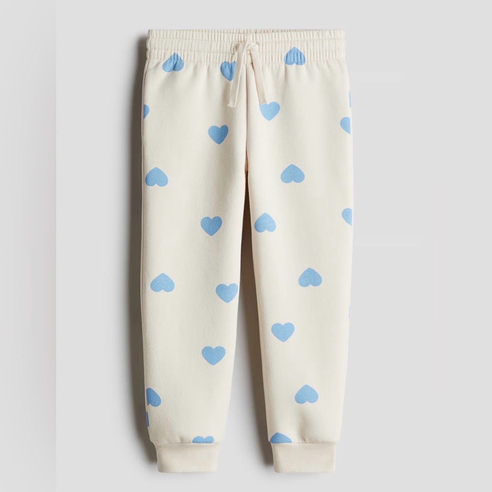 Pre-owned H&M Cream and Light Blue Heart Patterned Soft Jogger Sweatpants/Sz: 7